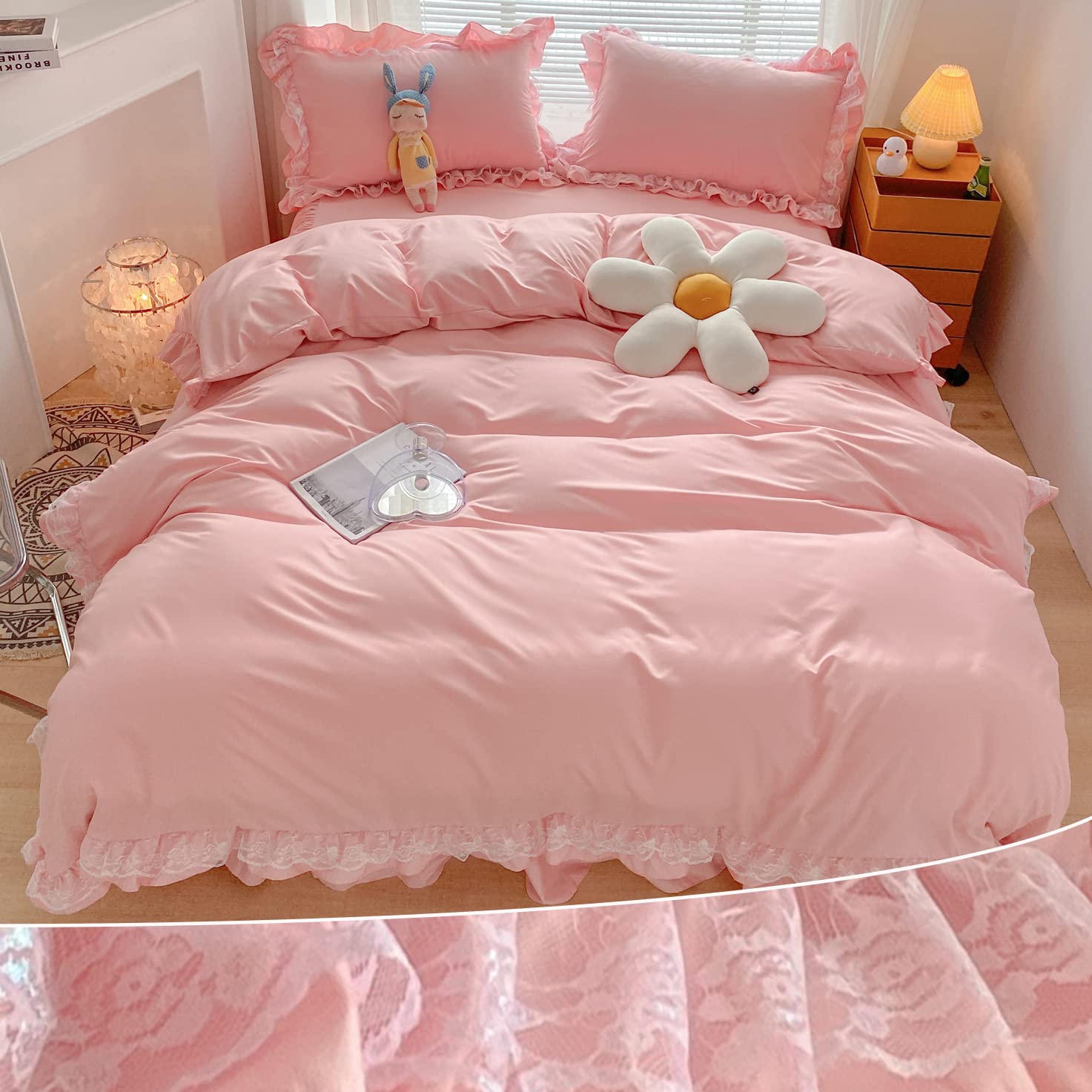 MOOWOO pink duvet cover front view showing ruffled lace and soft look