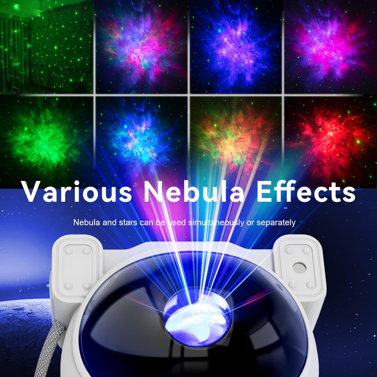Mooyran projector lighting a living room with starry nebula, perfect for mood setup