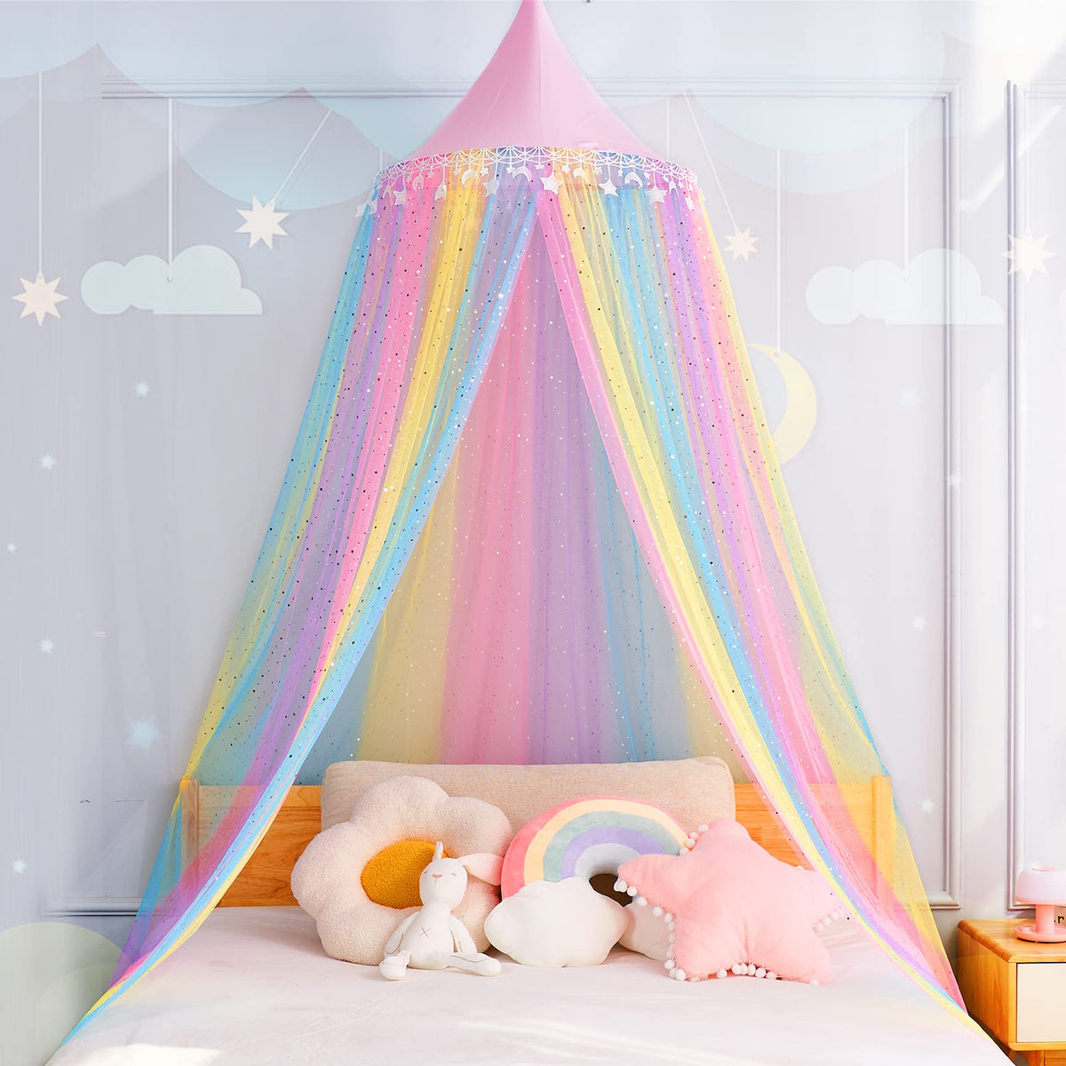 MOOZHEALTH front view of rainbow canopy creating magical bed vibe