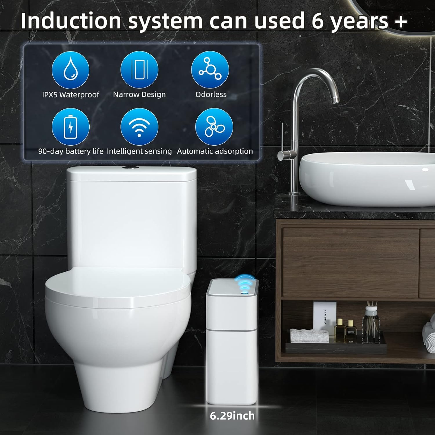 MOPALL beside toilet for scale showing compact dimensions suited to tight spaces