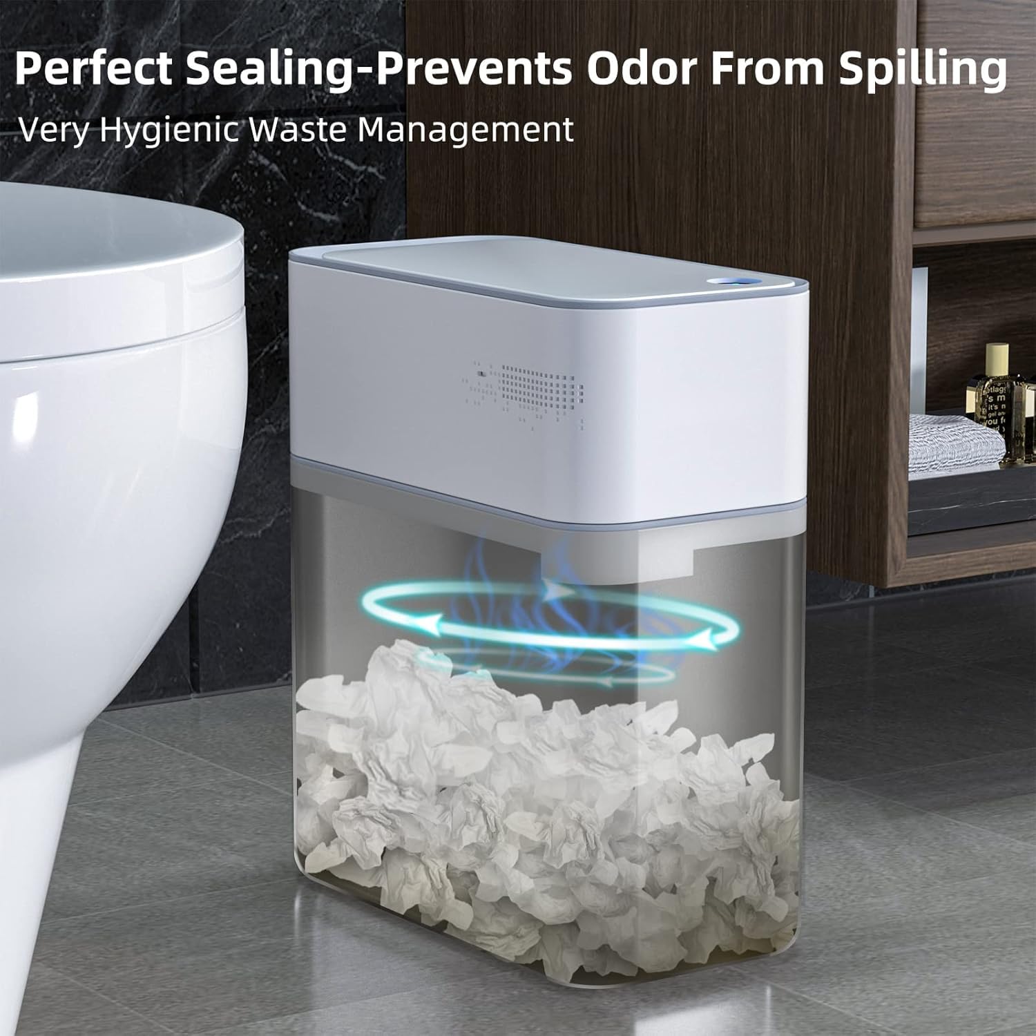 MOPALL interior shot showing bag vacuum held flush to wall for easy liner changes