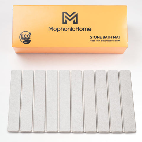 MOPHONICHOME front view of light gray foldable stone mat showing quick-dry surface and clean look