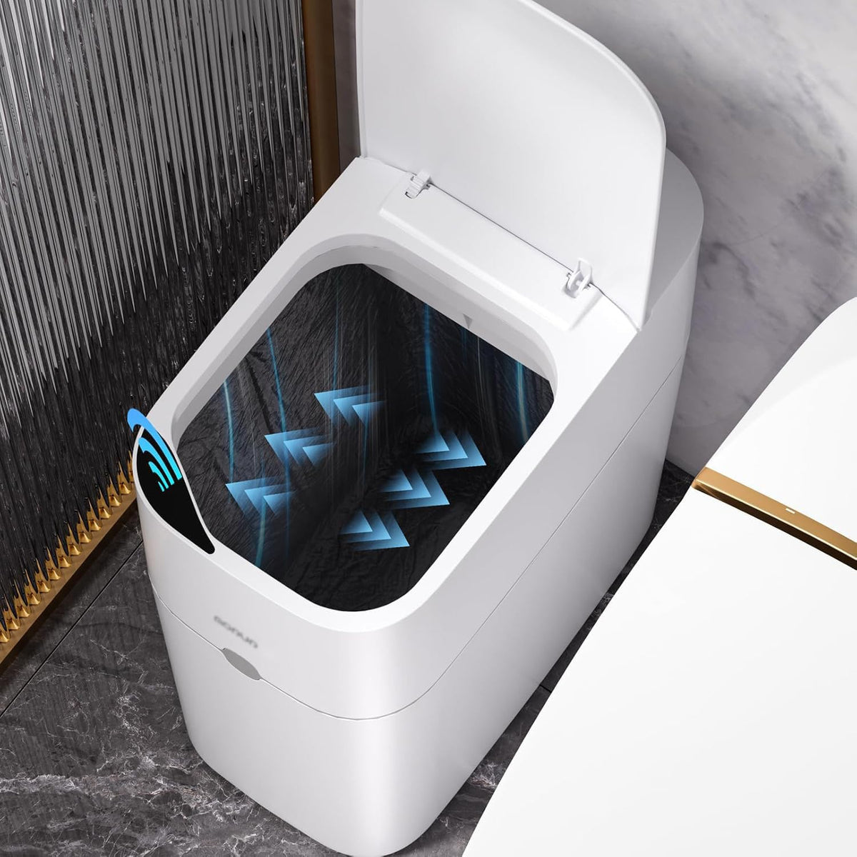 MOPUP front view white bathroom trash can showing slim profile and tidy look