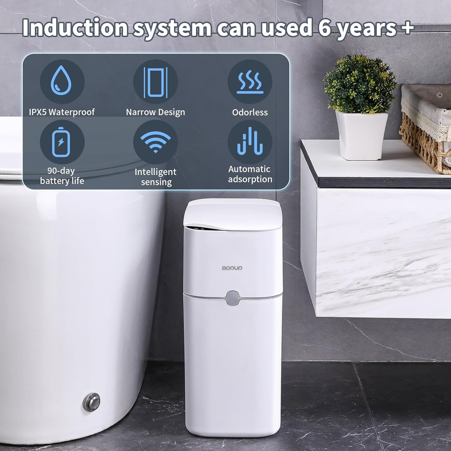 MOPUP lifestyle bathroom corner placement showing neat, odor‑reduced setup