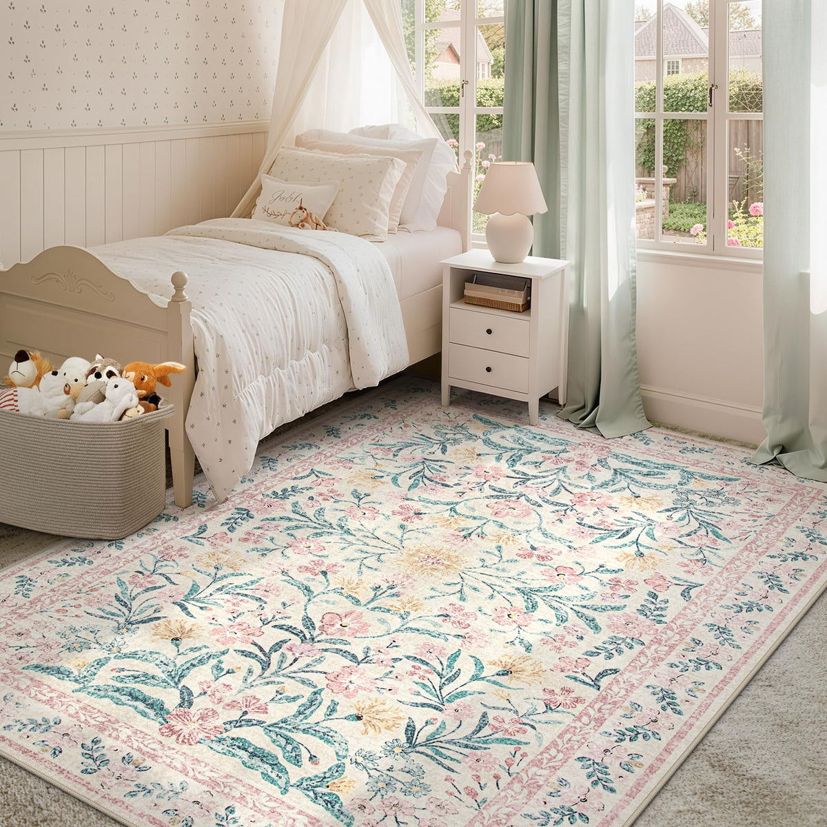 Morebes front view of floral pink rug showing full pattern and cozy look