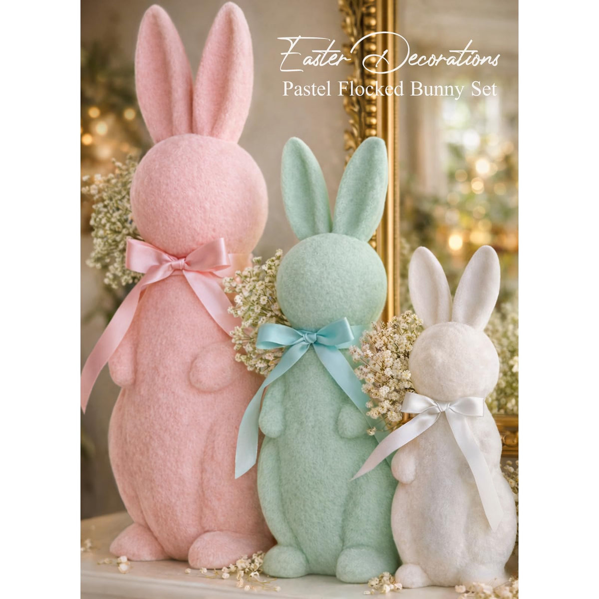 MOREDOTS front view of three pastel bunnies showing playful centerpiece appeal