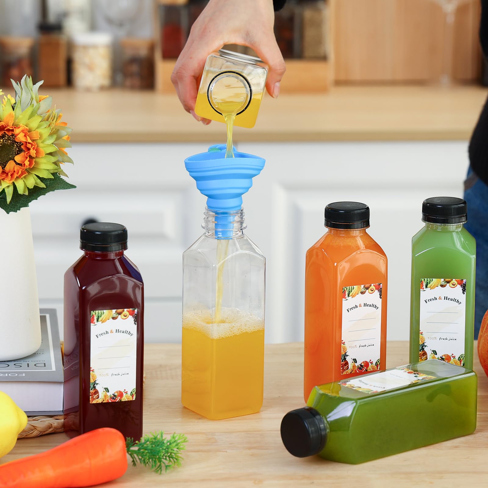 Moretoes bottle pouring juice to show clear presentation and pourability