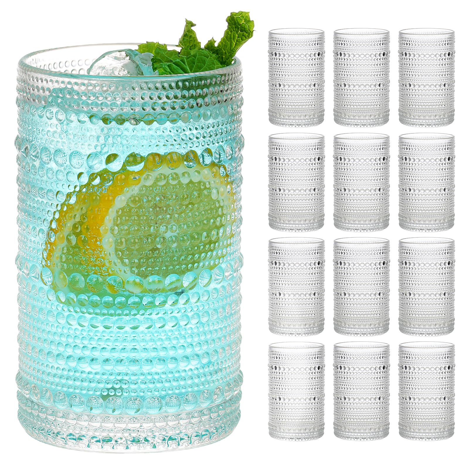 Moretoes front packaging showing 12-piece hobnail glass set and gift box benefit