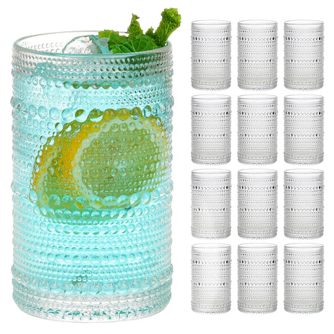 Moretoes front packaging showing 12-piece hobnail glass set and gift box benefit