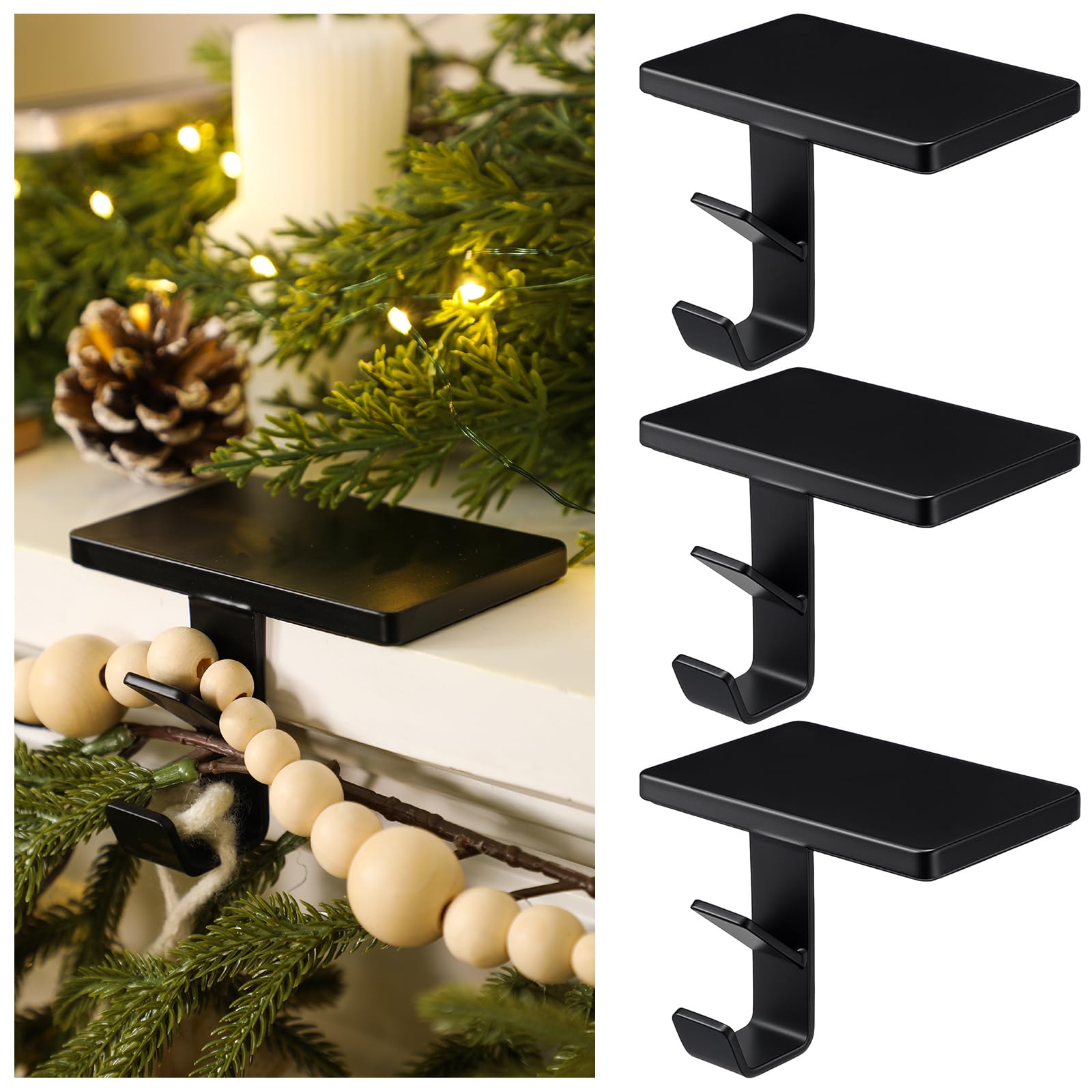MorningRo front view of three black stocking holders showing clean silhouette and stability