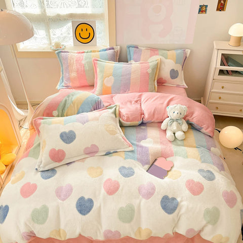 MorroMorn front view showing pink rainbow duvet cover and playful design benefit: bright decor