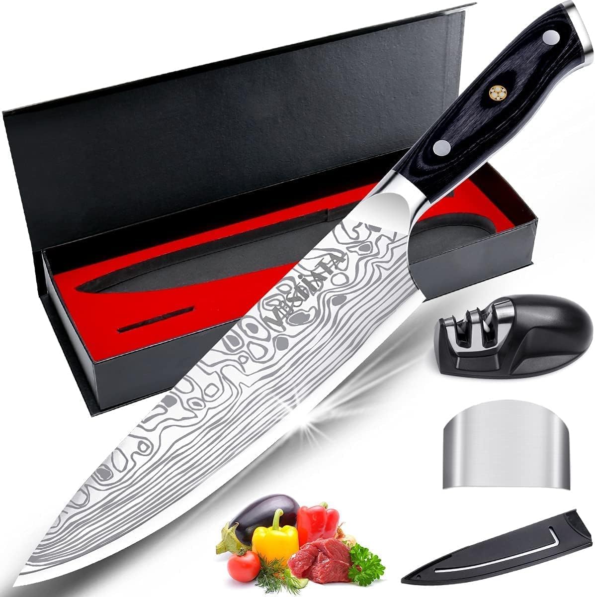 MOSFiATA chef knife front view showing balanced profile and clean finish
