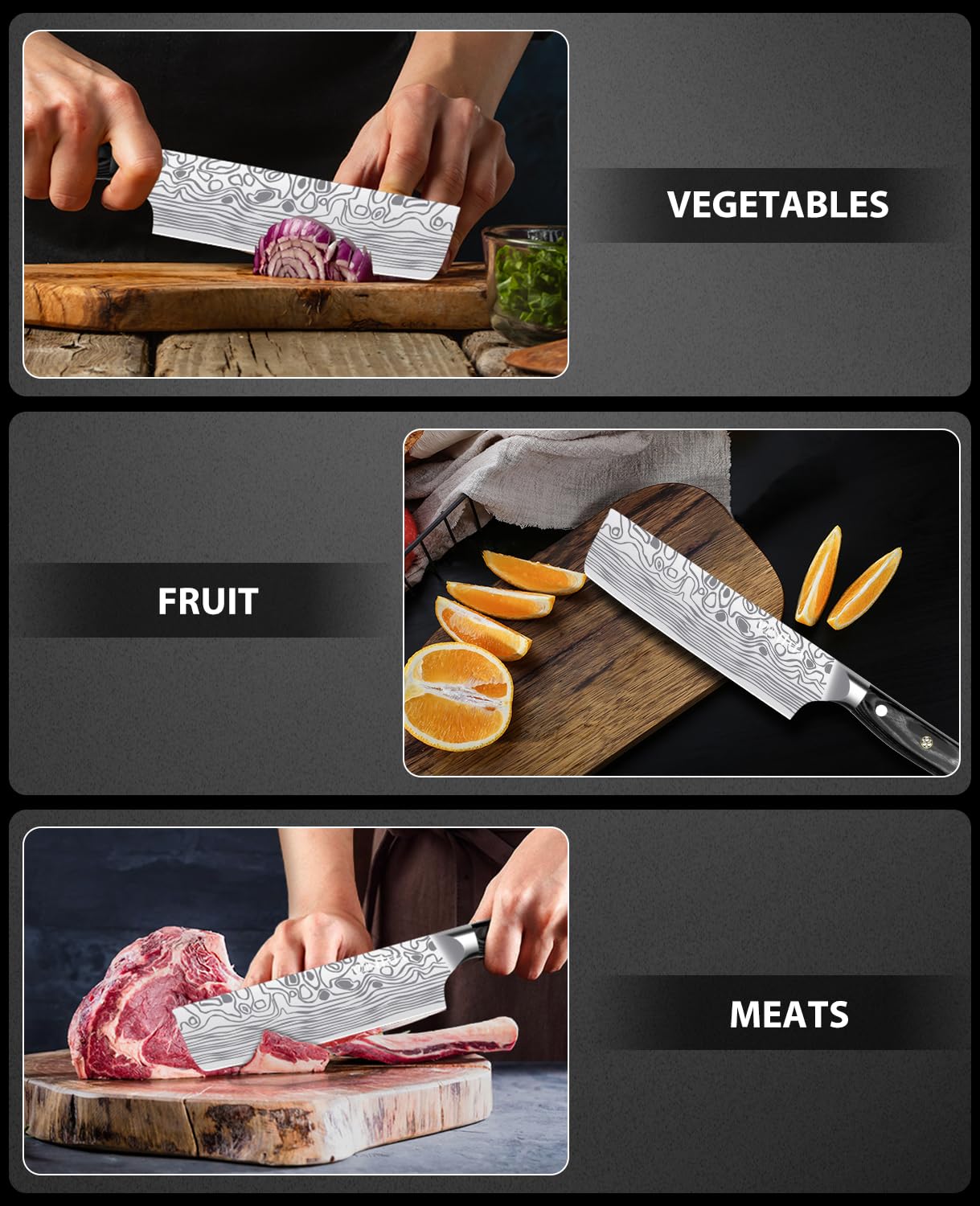 MOSFiATA sliced vegetables arranged to show thin, even cuts from the nakiri