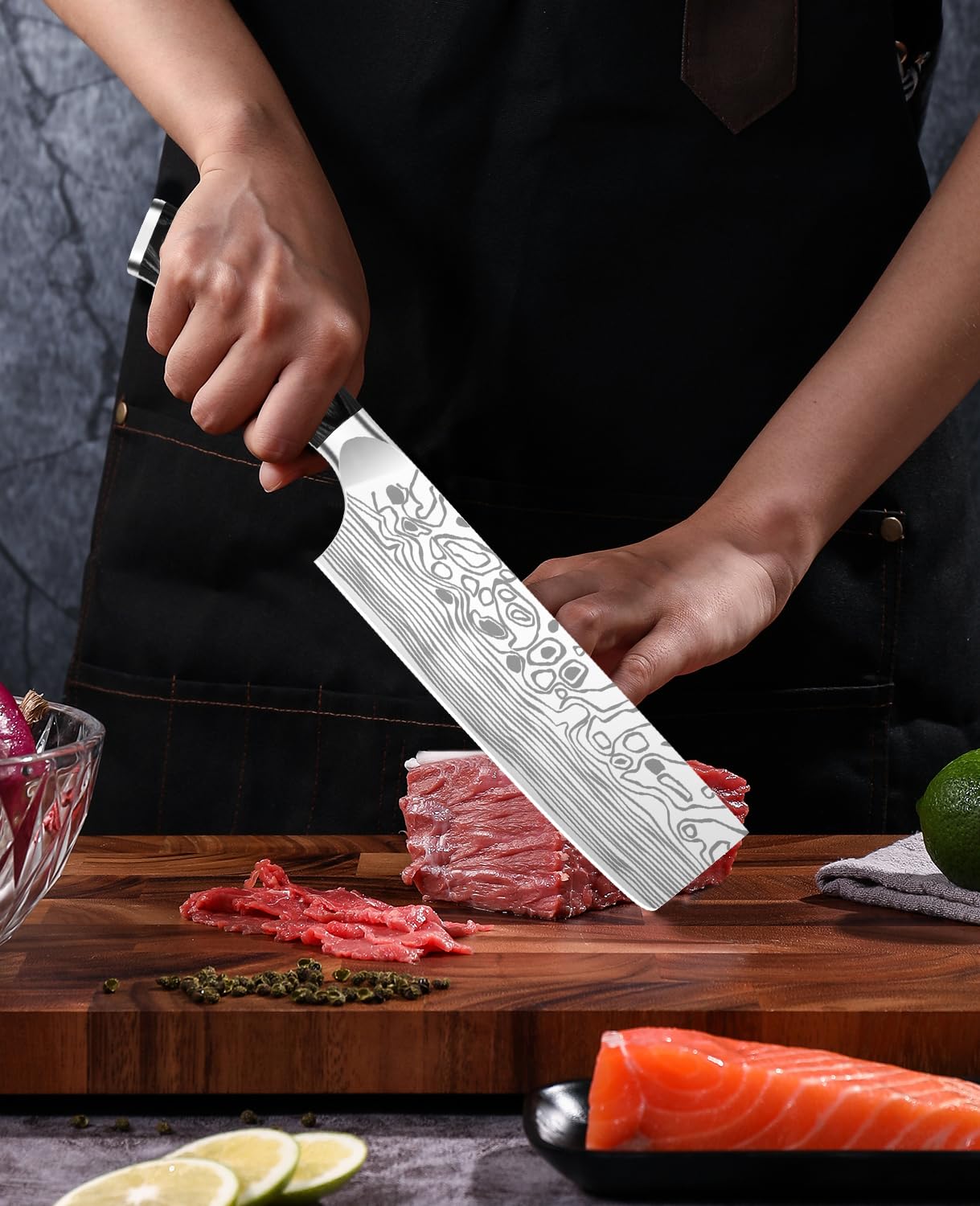 MOSFiATA knife beside scale showing 8.8 oz weight for effortless handling