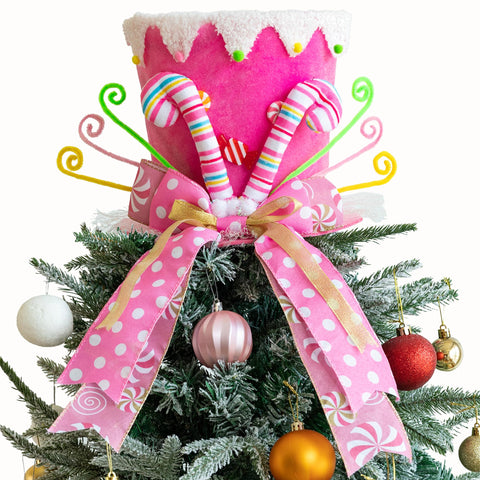 MOSHAKALA front view of pink candy cane tree topper showing festive shape and charm