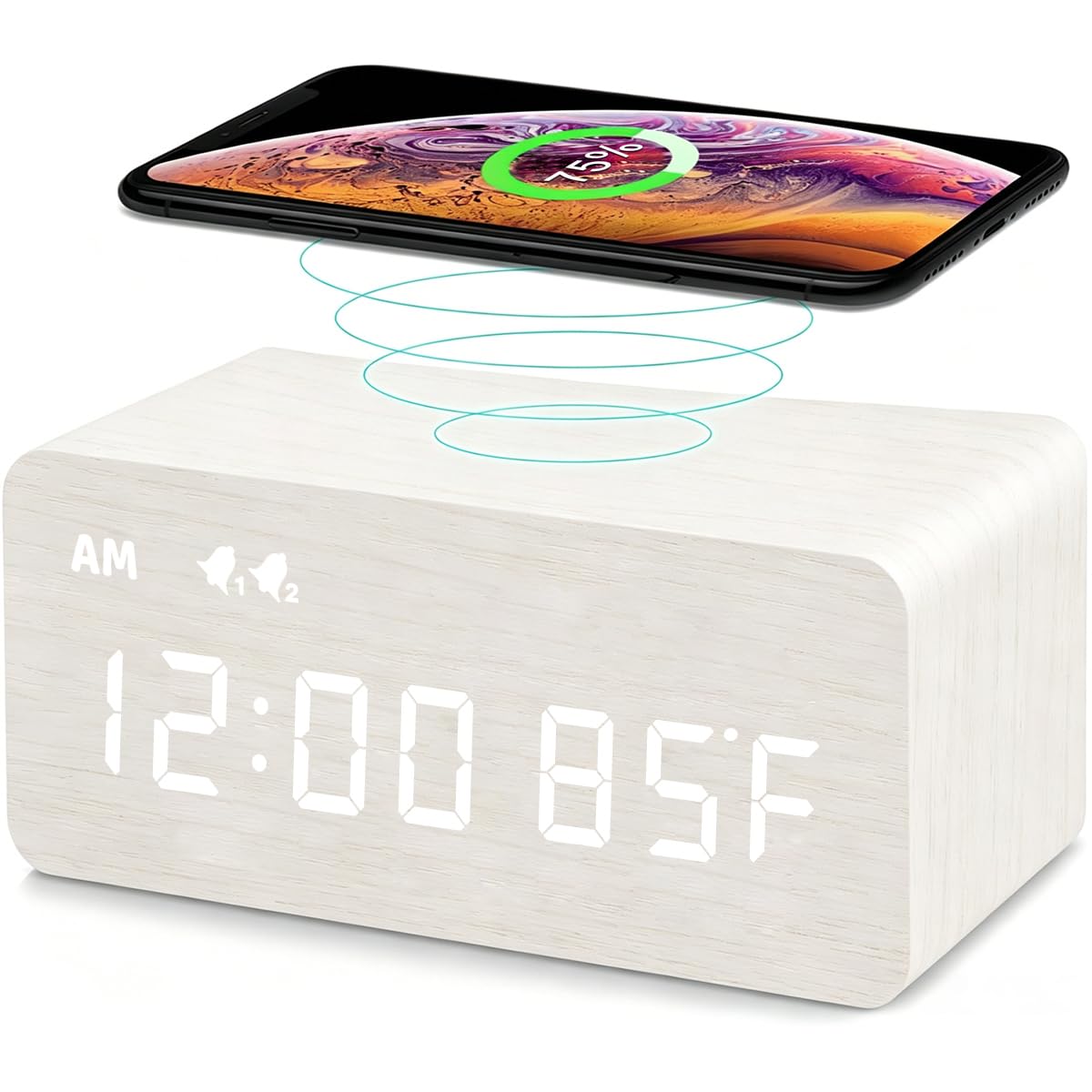 MOSITO front view showing clean white wood clock and clear display benefit