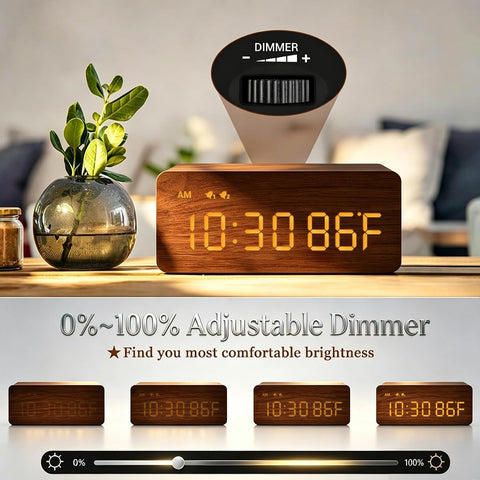 MOSITO LED display closeup showing clear time and indoor temperature readout