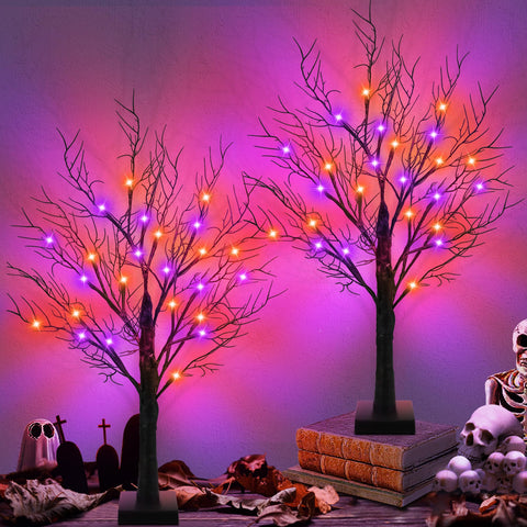 Mosoan front view of two 24-inch trees showing orange and purple lights for instant ambiance