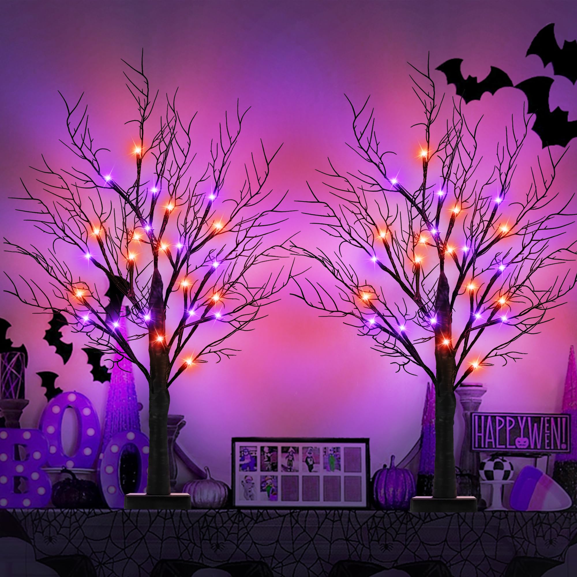 Mosoan tabletop display with both trees lit adding spooky centerpiece lighting for parties