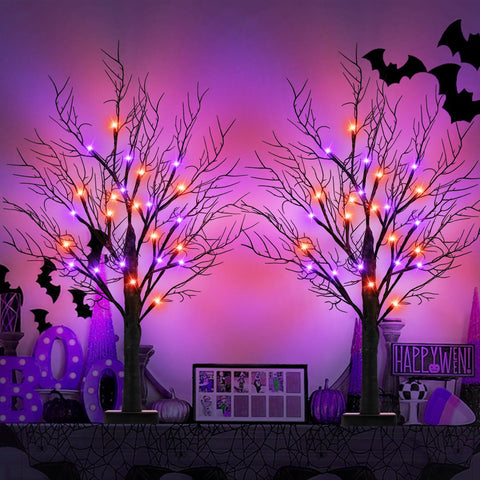 Mosoan tabletop display with both trees lit adding spooky centerpiece lighting for parties
