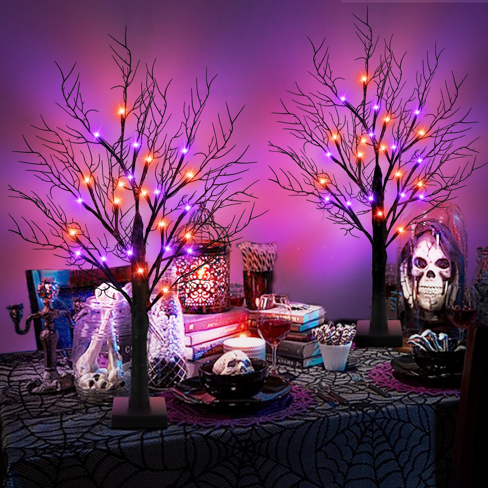 Mosoan living room scene with trees lit creating subtle Halloween mood for guests