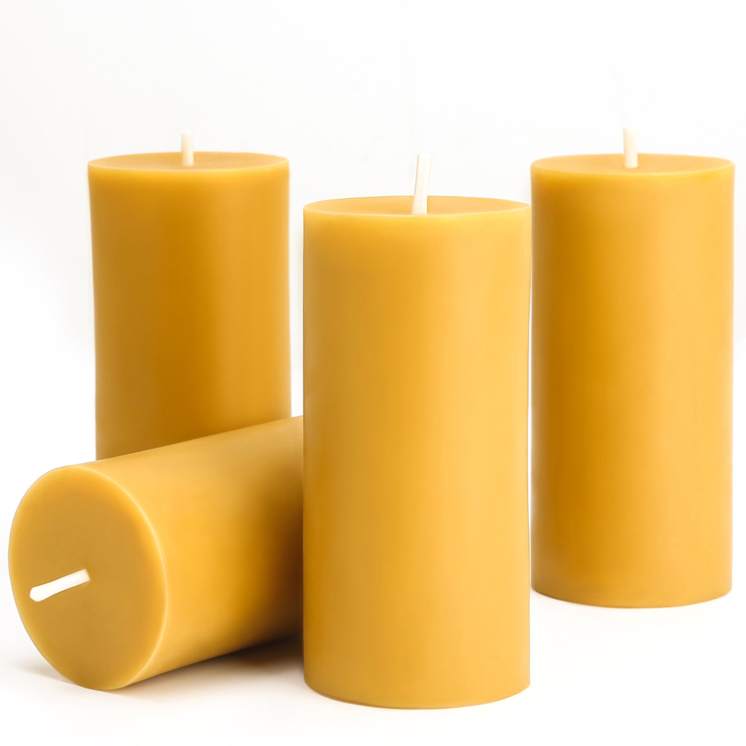 MOSROAD front view of four beeswax pillars showing packaging and pure look, enhances decor