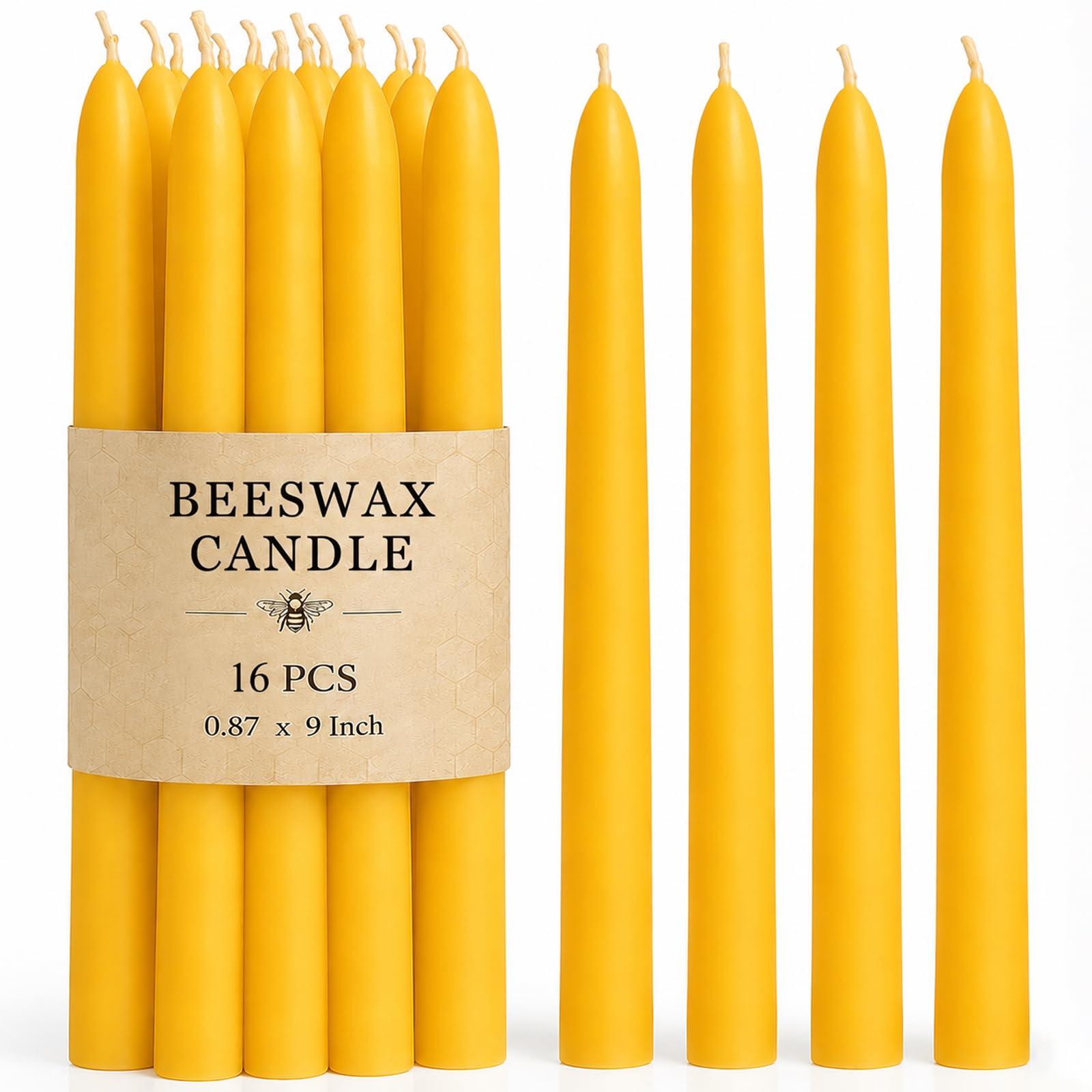 MOSROAD front packaging of 16-pack beeswax tapers, ready-to-gift benefit