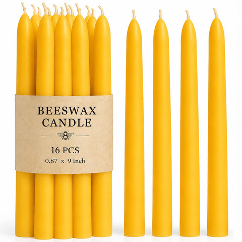 MOSROAD front packaging of 16-pack beeswax tapers, ready-to-gift benefit