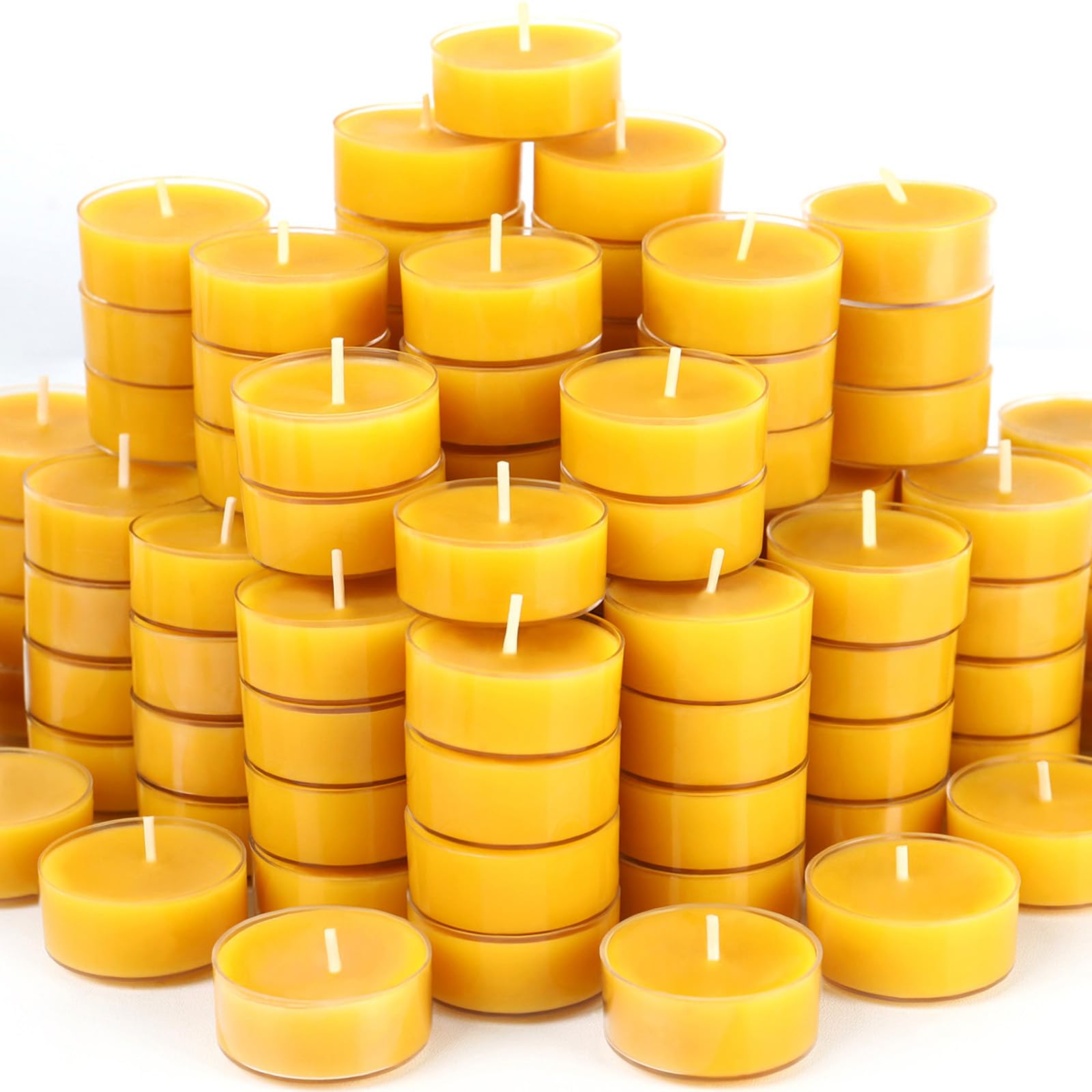 MOSROAD front pack of 48 beeswax tealights showing quantity and natural color benefit