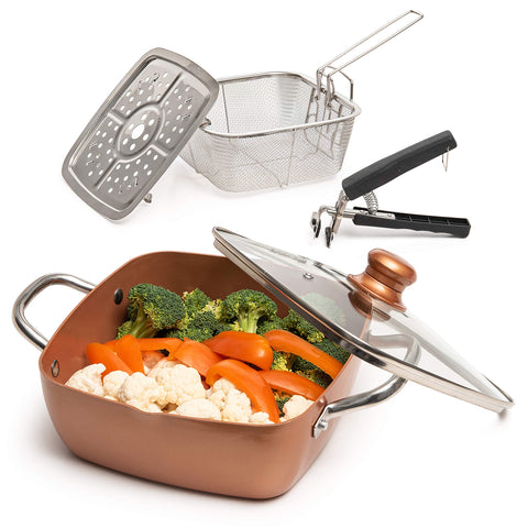 Moss & Stone copper pan front view showing full square cooking surface and finish benefit