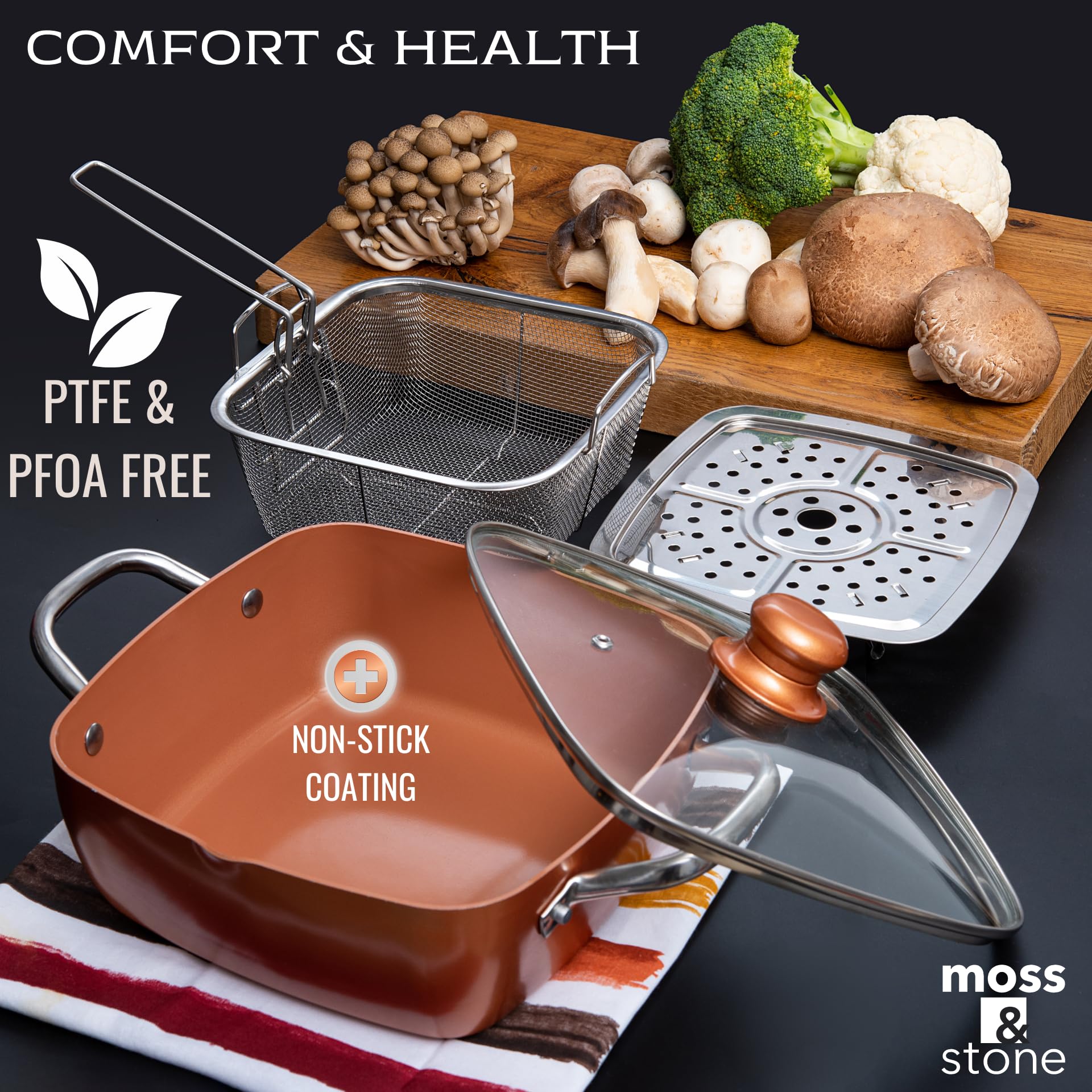 Moss & Stone deep fryer basket inside pot illustrating quick frying setup