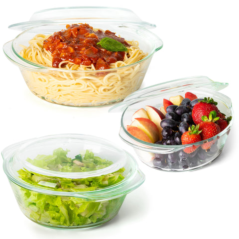 Moss & Stone front view of three-piece glass bakeware set showing clear lids and sizes for versatile serving