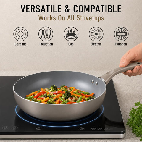 Moss & Stone frypan sautéing vegetables showing even browning benefits