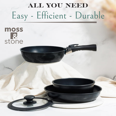 Moss & Stone pan with removable handle attached illustrating secure grip