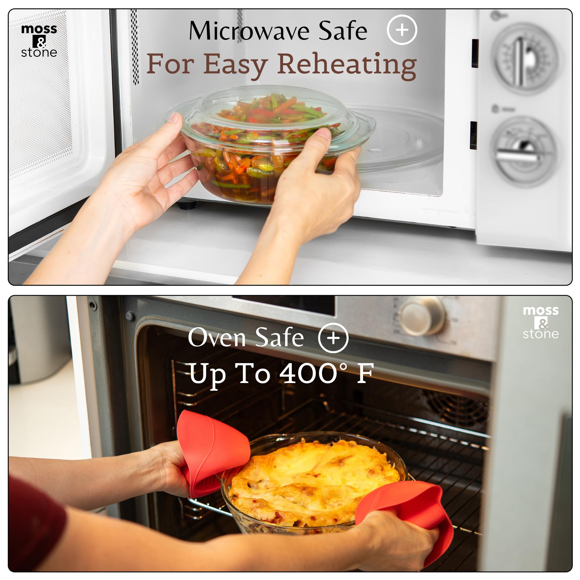 Moss & Stone baking in oven showcasing oven-safe glass and even heat performance