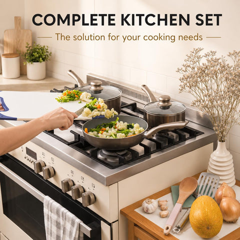 Moss & Stone cookware arranged in a kitchen showing everyday versatility
