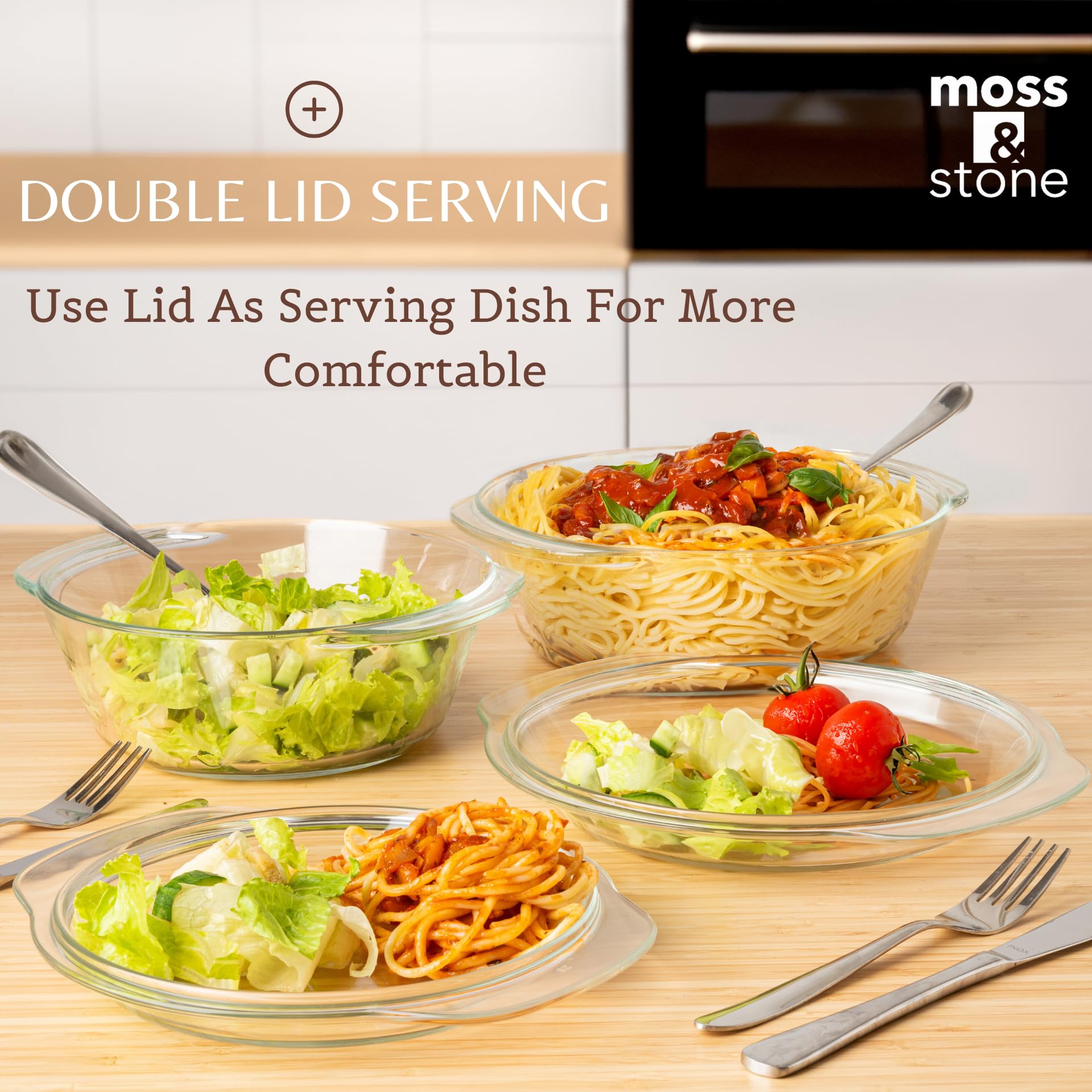 Moss & Stone casserole on table served with food showing elegant oven-to-table presentation
