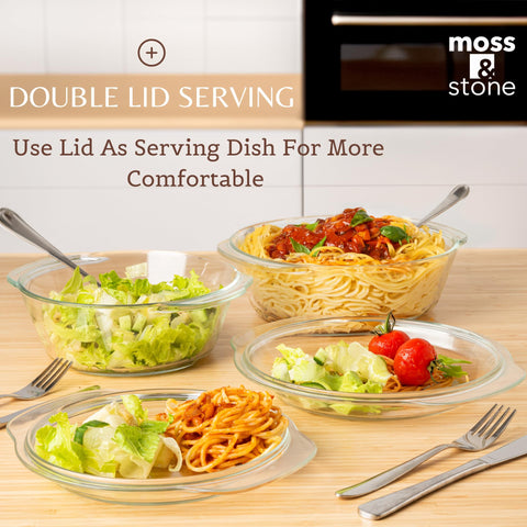 Moss & Stone casserole on table served with food showing elegant oven-to-table presentation
