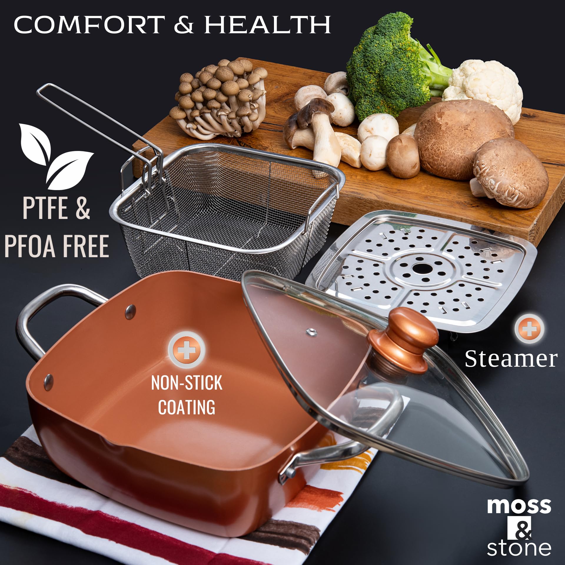 Moss & Stone pan in oven demonstrating oven-safe finish for finishing dishes