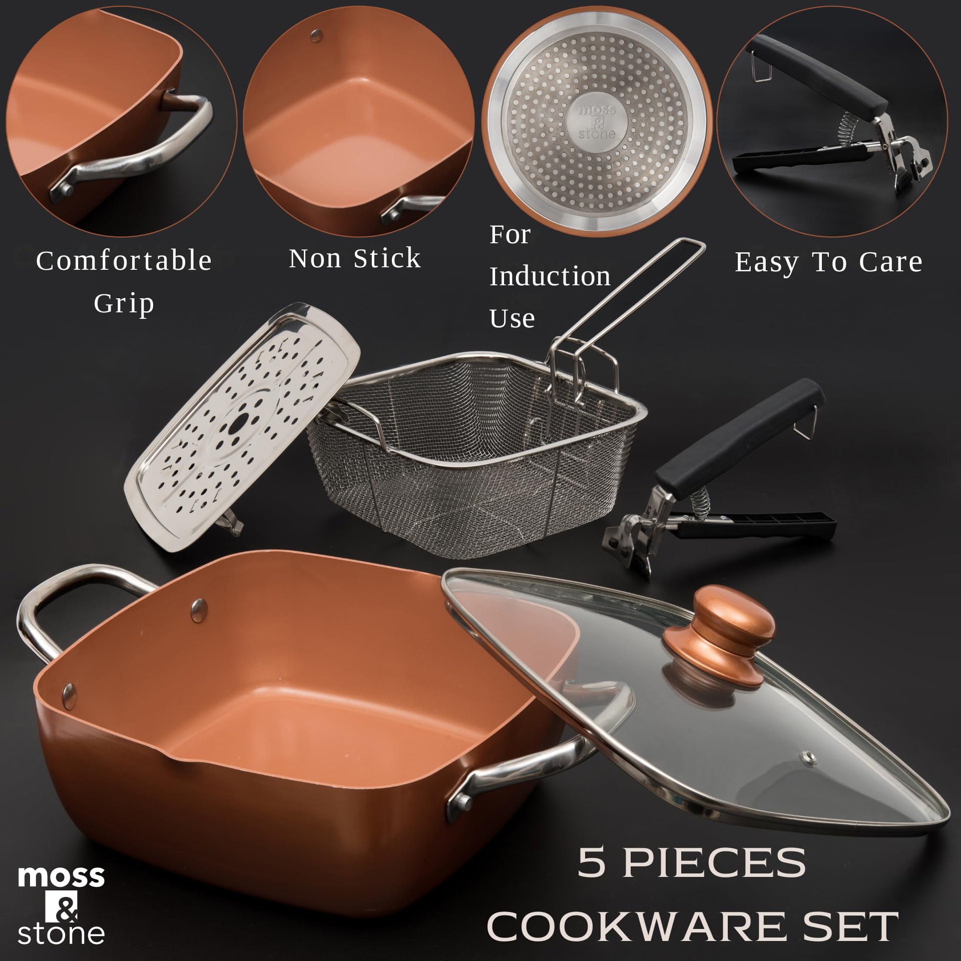 Moss & Stone pan with fry basket in place demonstrating quick frying and easy draining