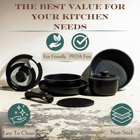 Moss & Stone cookware set displayed in an RV cooking area for portability