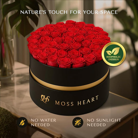 Moss Heart close-up of rose seating showing secure arrangement and lasting display benefit
