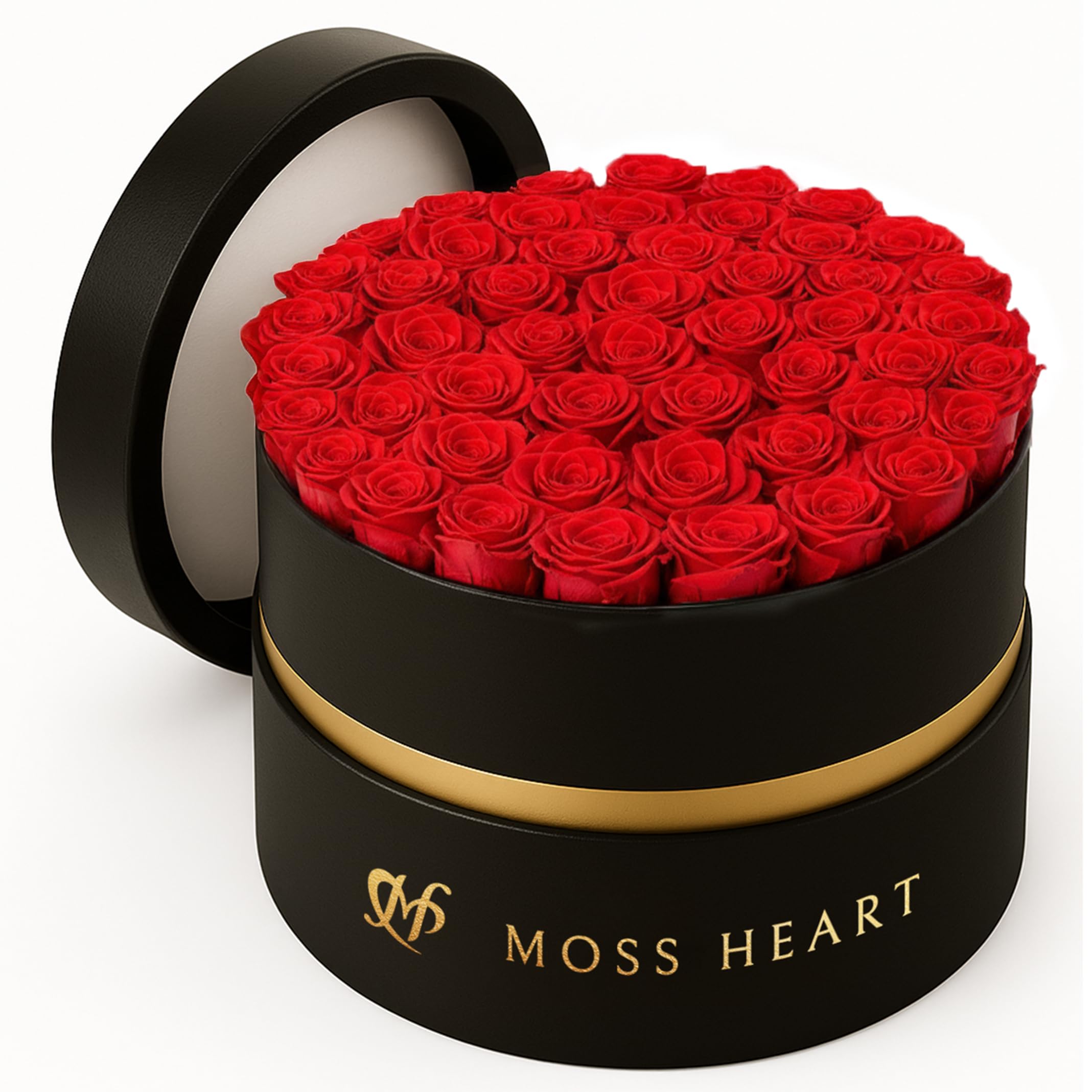 Moss Heart round box front view showing lush red roses and elegant presentation benefit