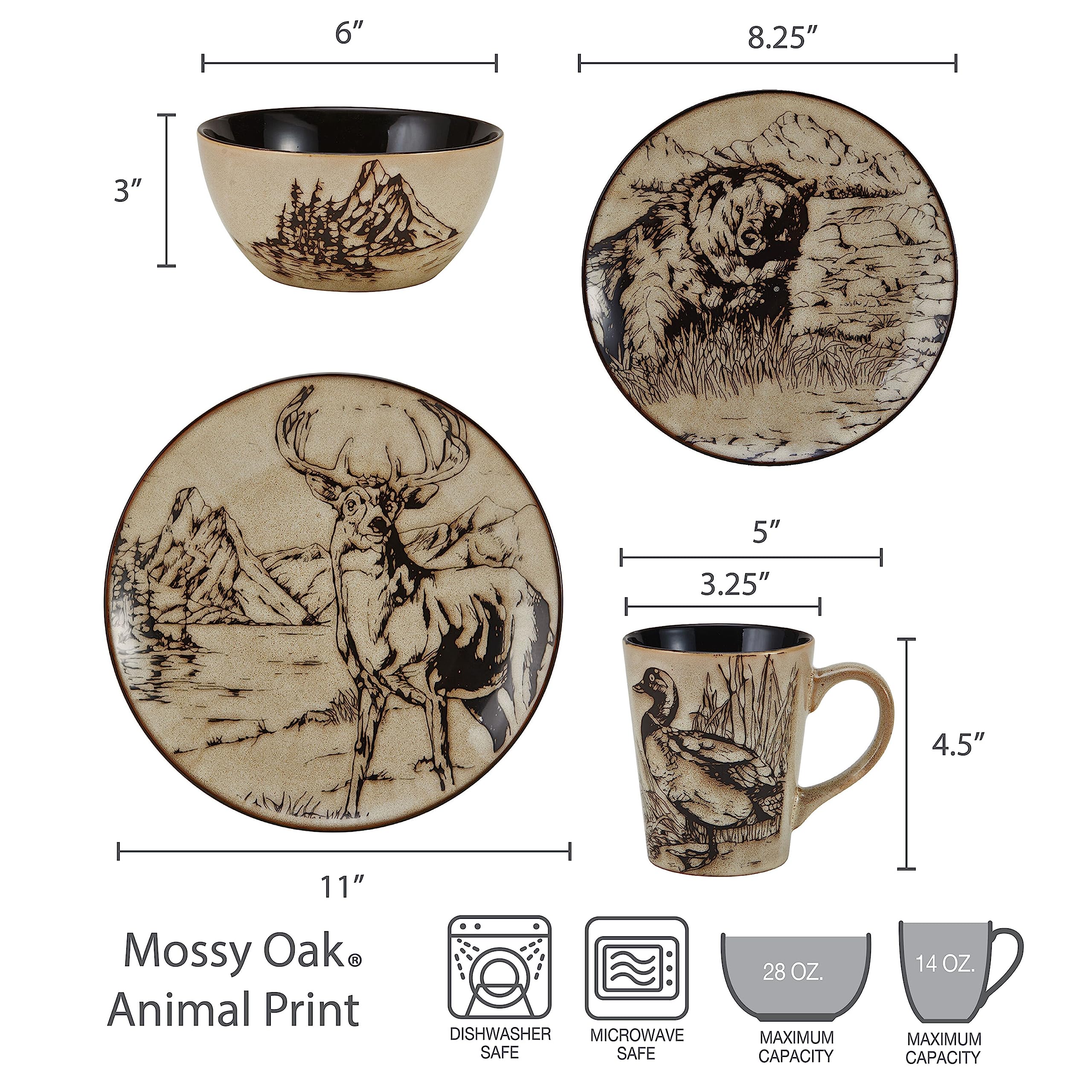 Mossy Oak dinner plate close-up showing wildlife sketch and durable stoneware benefit