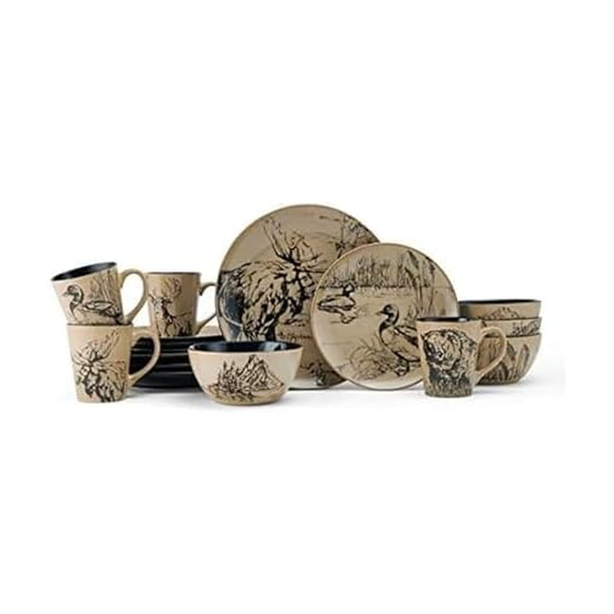 Mossy Oak front view of full 16-piece set showing rustic table styling and completeness