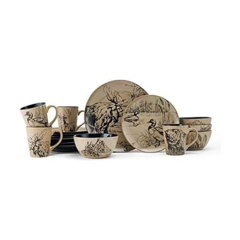 Mossy Oak front view of full 16-piece set showing rustic table styling and completeness