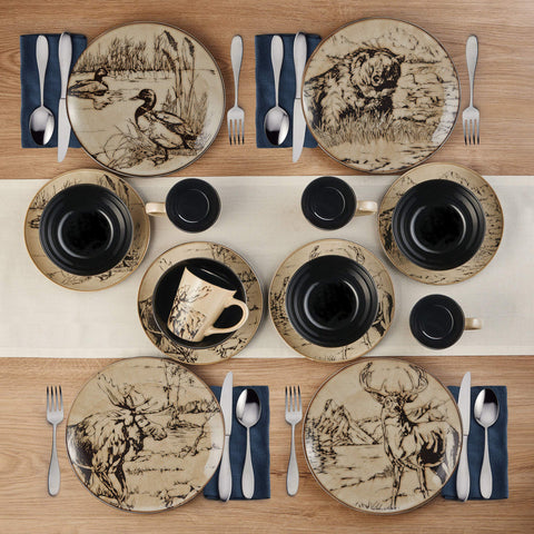 Mossy Oak salad plates displaying bear moose duck deer sketches for cohesive décor