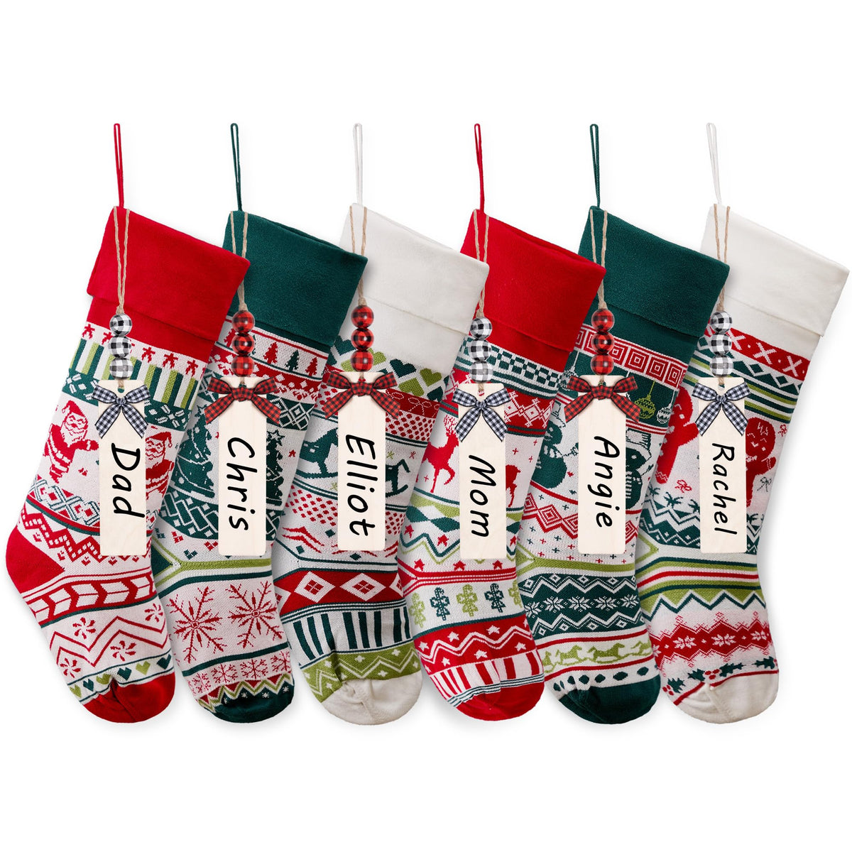 Mostop front view on mantel showing six stockings and festive cohesion