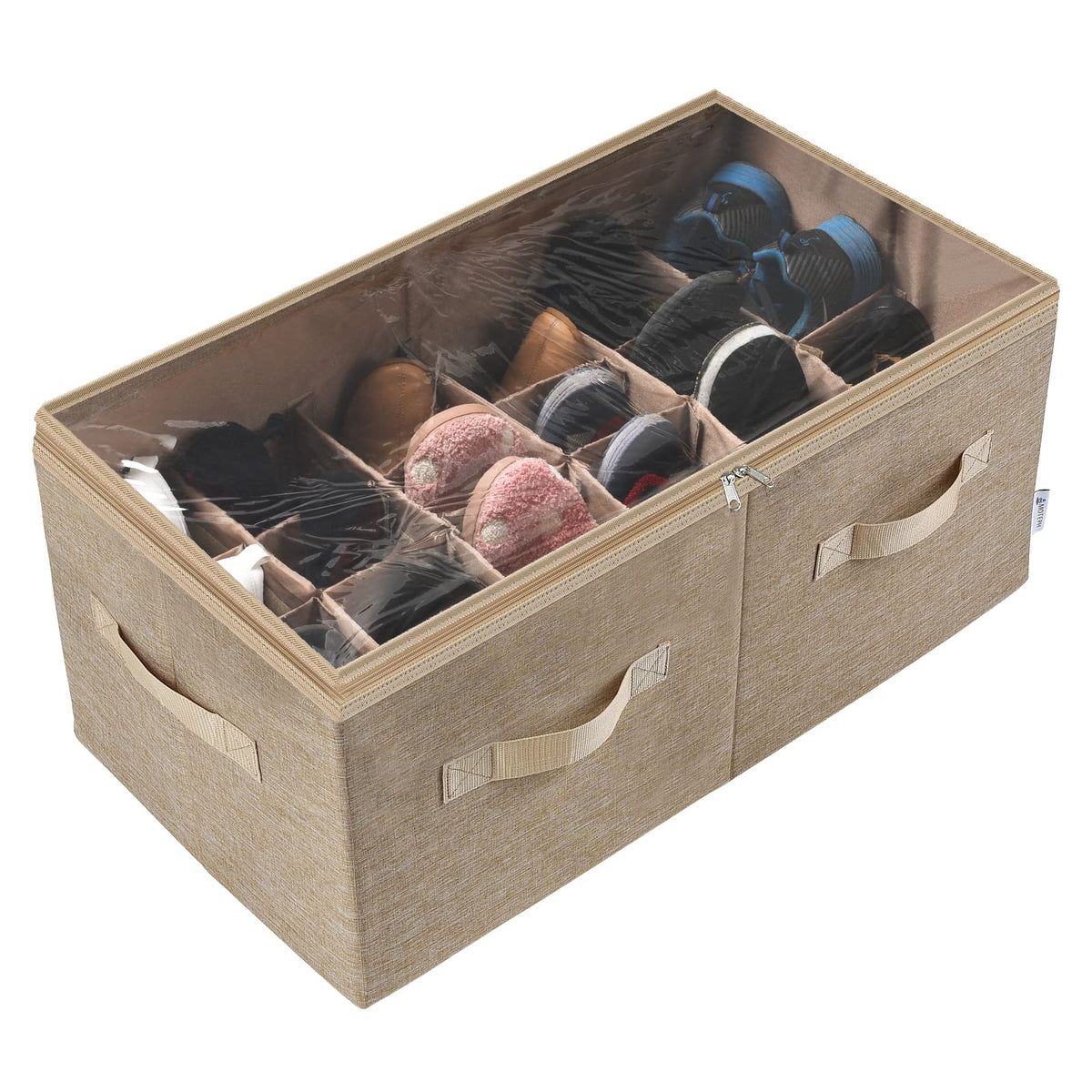 Moteph front closed organizer showing neat shoe rows and easy access benefit