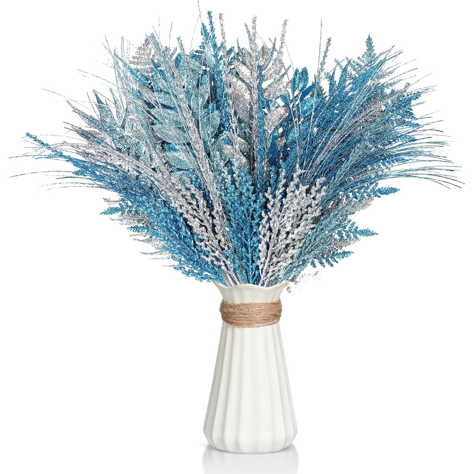 Motionchic front view pack showing 50 glittered blue and silver branches for instant decor